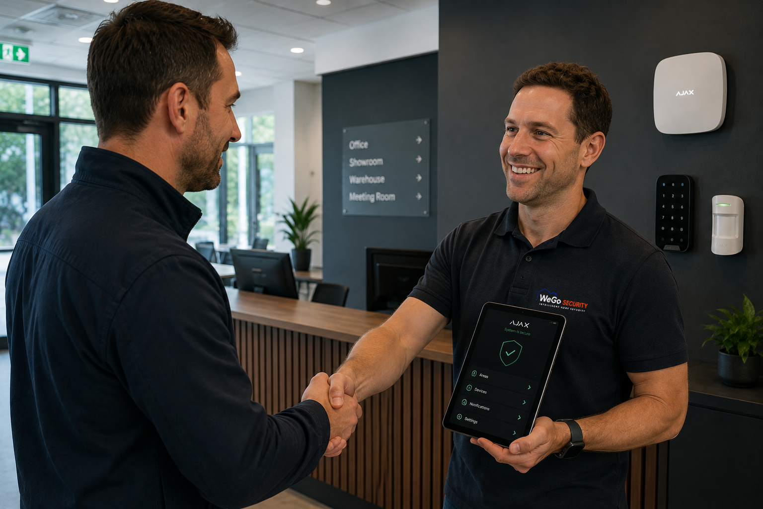 WeGo engineer handing a completed commercial installation over to the business owner