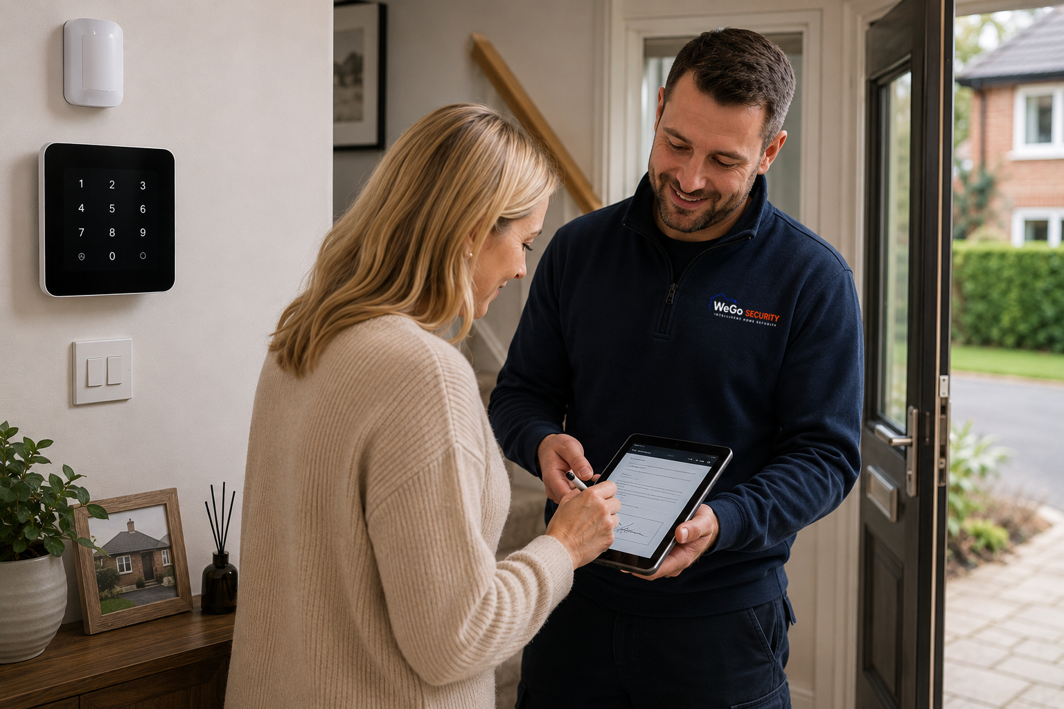 WeGo engineer handing a completed Ajax installation over to the homeowner at home