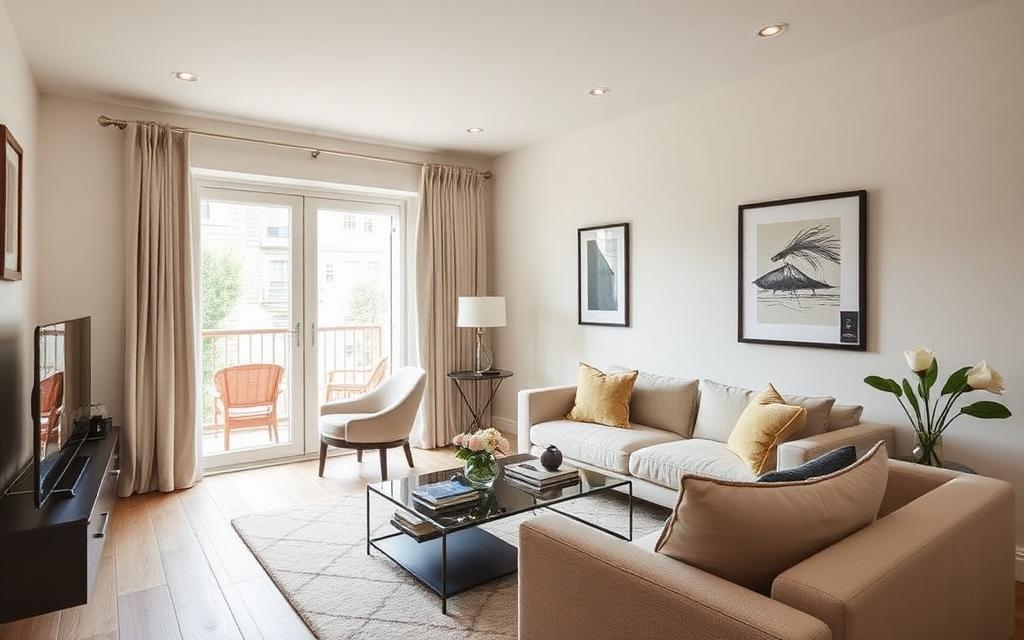 A two-bedroom UK apartment living area with balcony doors