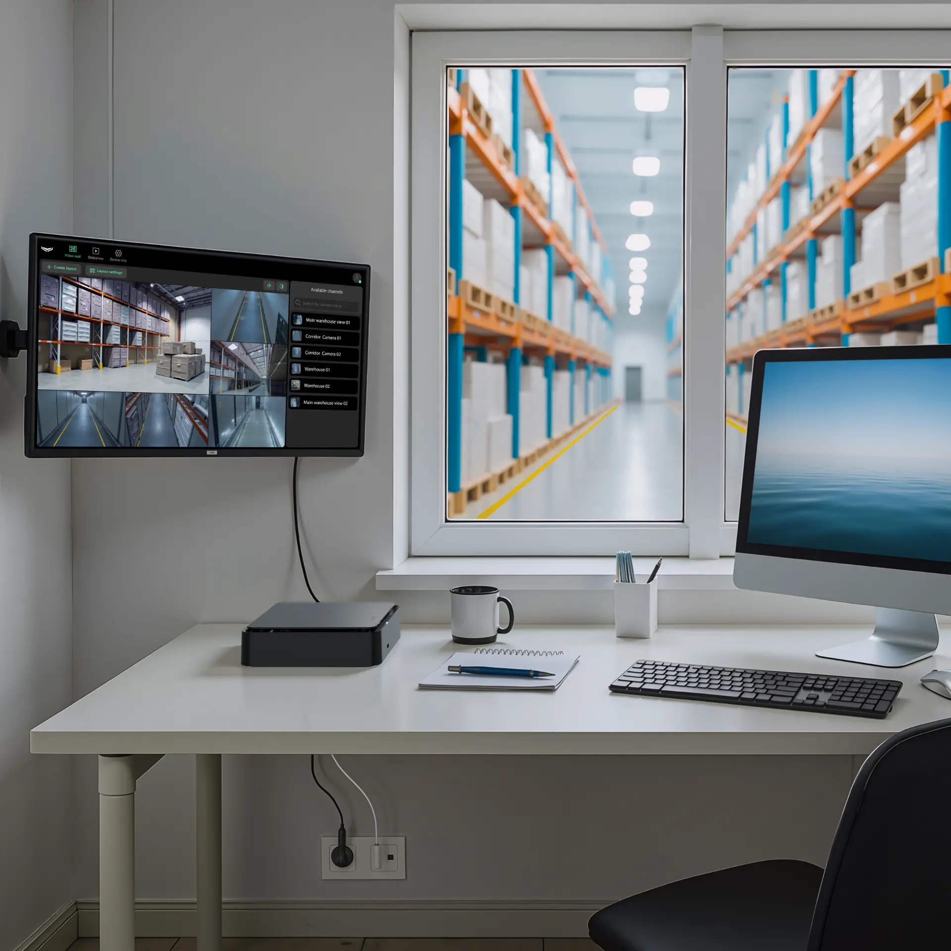 Ajax NVR with multiple warehouse camera views on a monitor in a commercial office
