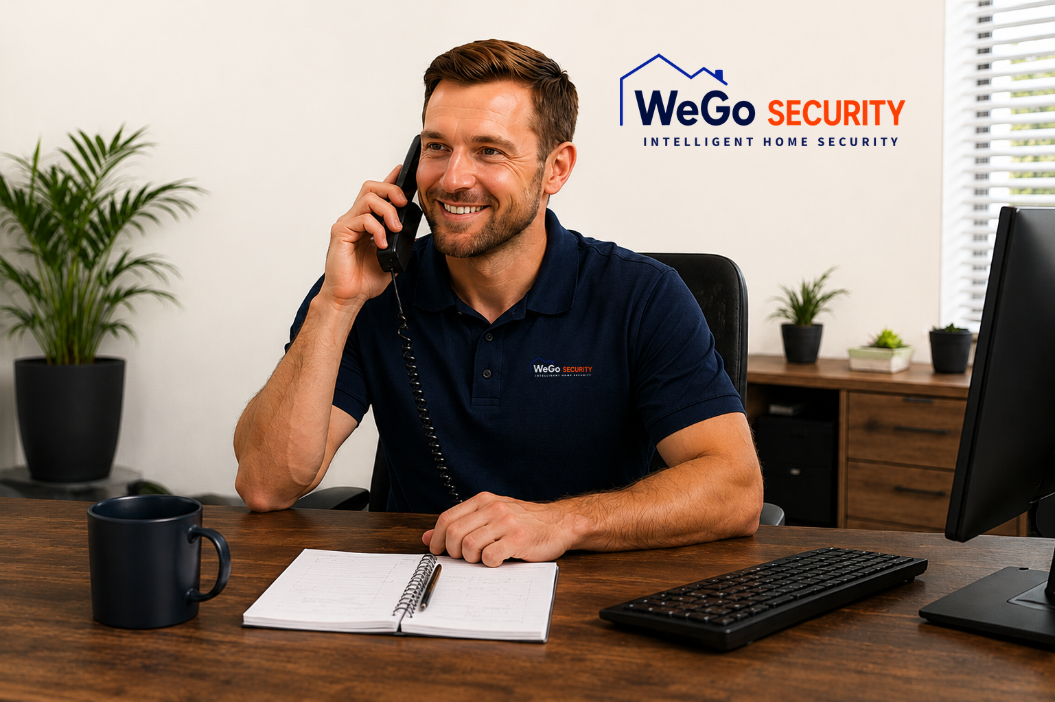 WeGo Security team member on the phone to a customer, wearing a navy WeGo Security polo