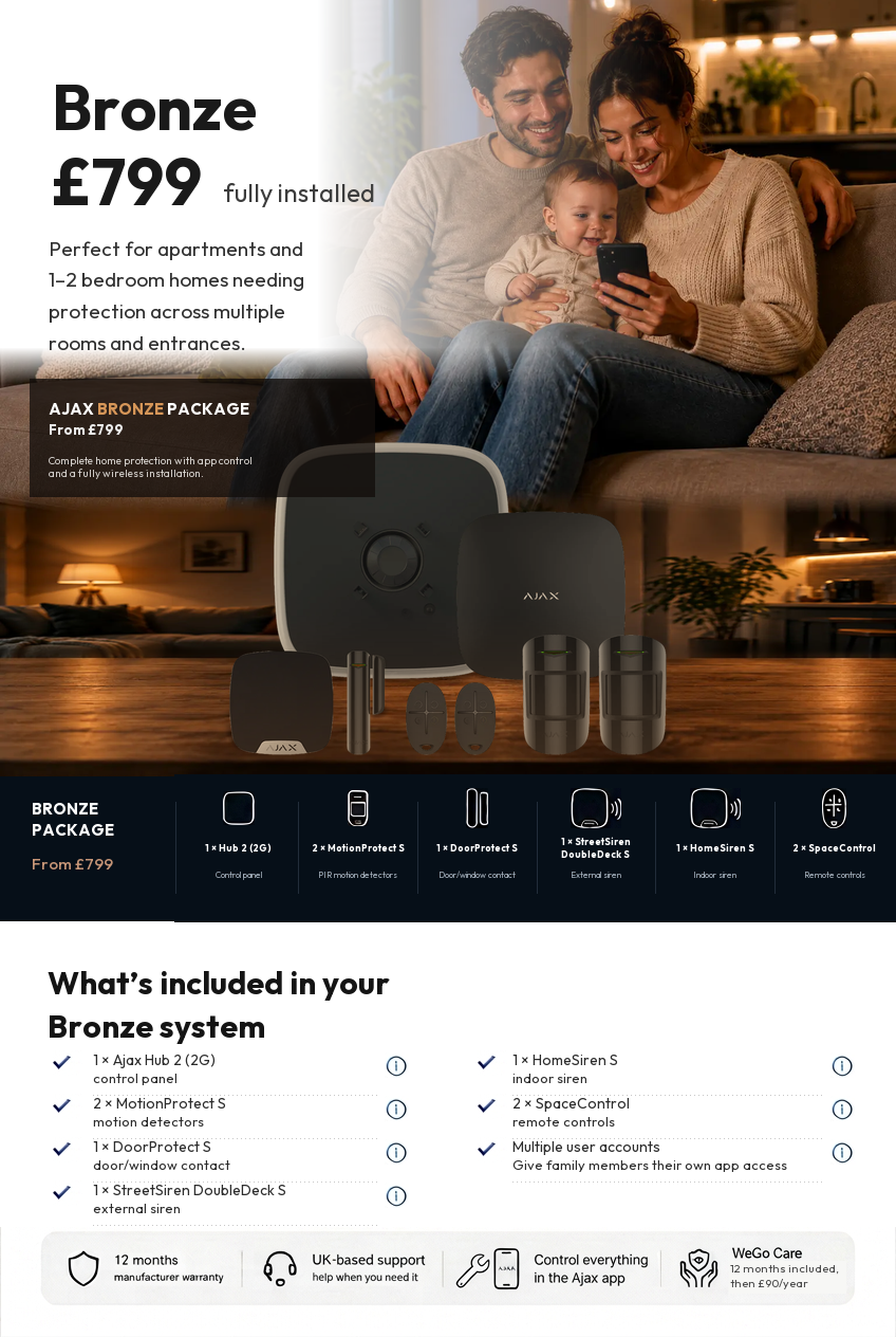 Ajax Bronze package — Hub 2 (2G), two MotionProtect S detectors, DoorProtect S, StreetSiren DoubleDeck S, HomeSiren S and two SpaceControls, £799 fully installed