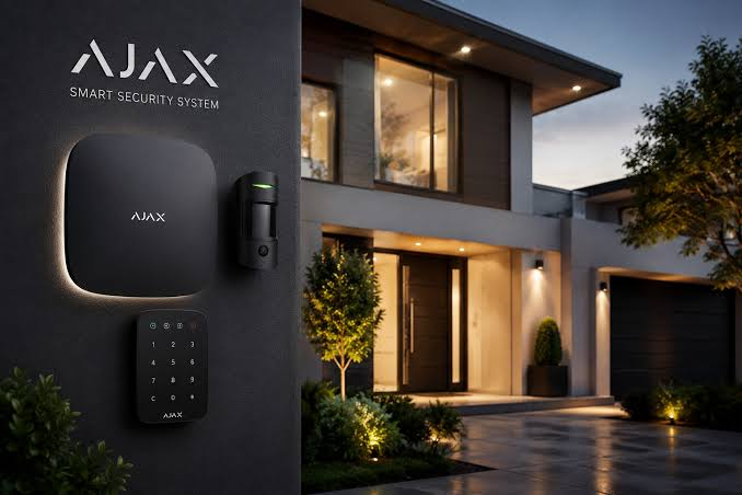 Ajax Smart Security System devices alongside a modern home