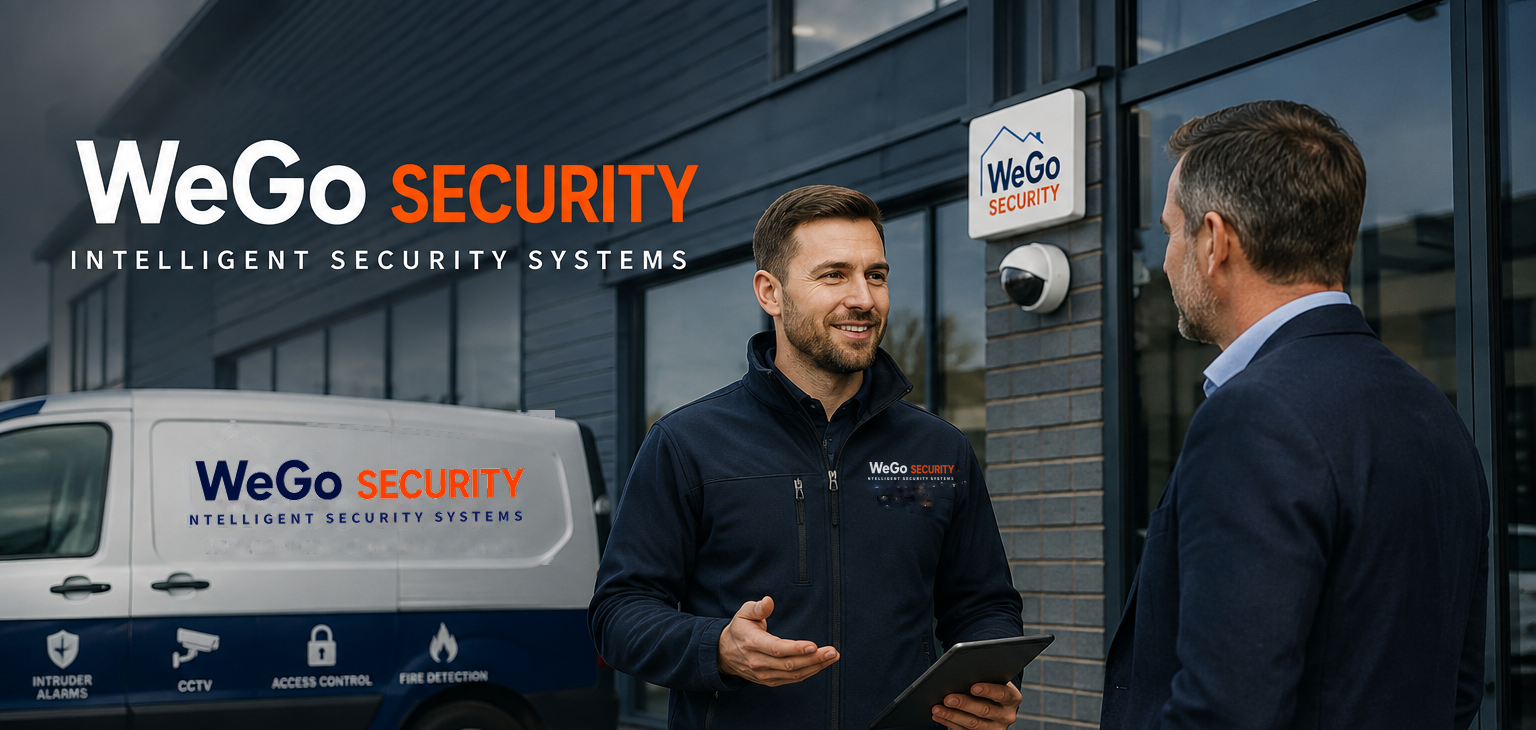 WeGo Security engineer discussing a business security system with a business owner outside commercial premises, beside a branded WeGo Security van