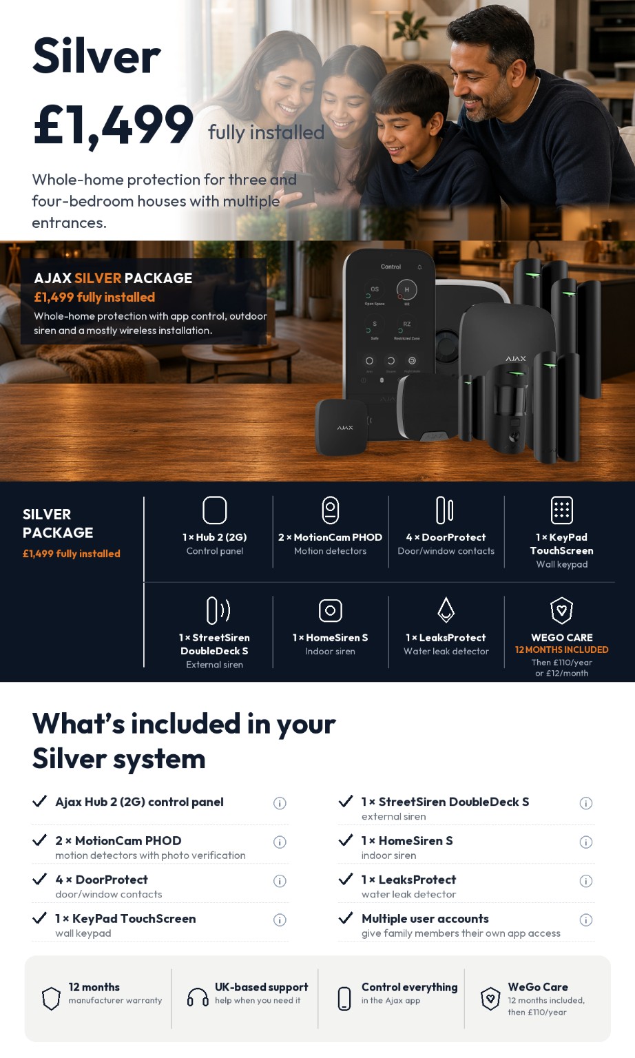 Ajax Silver package — Hub 2 (2G), two MotionCam PHOD, four DoorProtect, KeyPad TouchScreen, StreetSiren DoubleDeck S, HomeSiren S and LeaksProtect, £1,499 fully installed