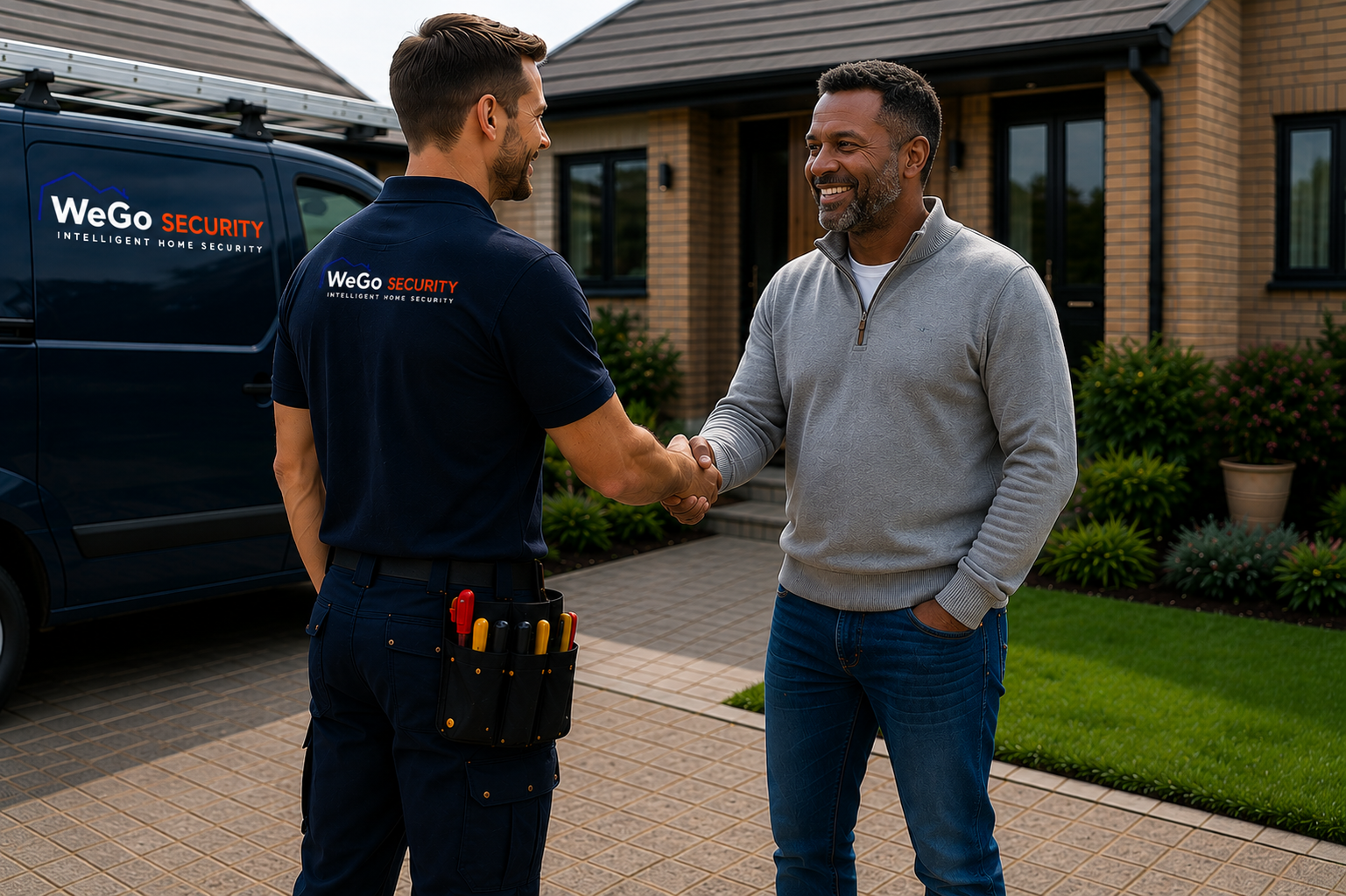 WeGo Security engineer shaking hands with a homeowner outside a UK home beside a branded WeGo van